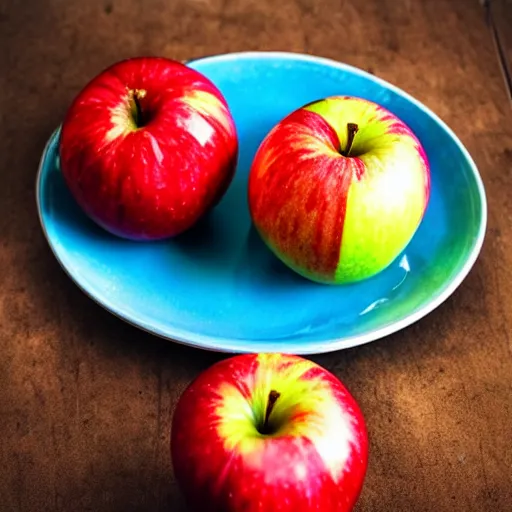 Image similar to a wide angle realistic photo of three apples on a colorful plate, award winning