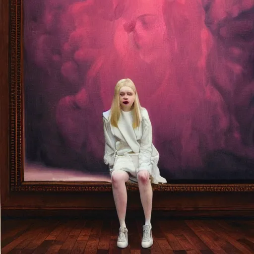 Image similar to Elle Fanning sitting on a white leather chair in the world of Samira Addo, head and shoulders portrait, stormy weather, extremely detailed masterpiece, oil on canvas, low-key neon lighting, artstation, Blade Runner 2049, Roger Deakin’s cinematography, by J. C. Leyendecker and Peter Paul Rubens and Edward Hopper and Michael Sowa,