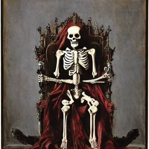 Image similar to a skeleton king, sitting on a throne, elegant, painted by Gustave Moreau