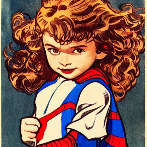 Image similar to a little girl with a mischievous face and light brown curly wavy hair. she is dressed as captain america, spider - man, batman, captain marvel, a superhero. well composed, clean elegant painting, beautiful detailed face. by steve ditko and jack kirby and alphonse mucha