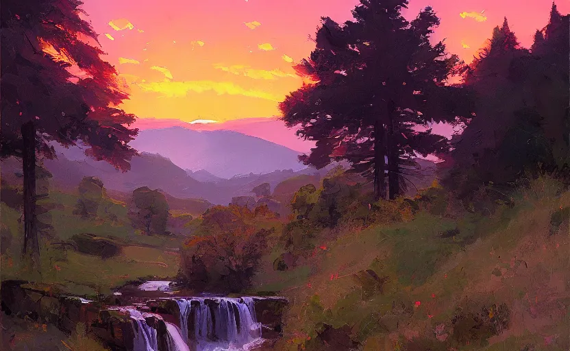 Prompt: waterfall sunset in heaven by atey ghailan and michael garmash