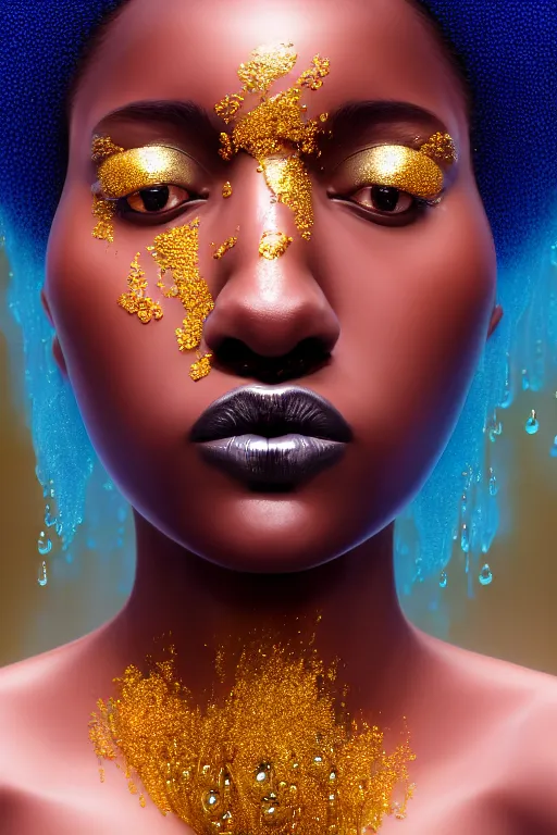Prompt: hyperrealistic precisionist cinematic profile very expressive! black oshun goddess, in water! up to shoulders, mirror dripping droplet!, gold flowers, highly detailed face, digital art masterpiece, smooth eric zener cam de leon, dramatic pearlescent turquoise light on one side, ground angle uhd 8 k, tilt shift