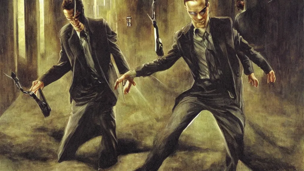 Image similar to an oil painting in the style of alan lee depictingneo fighting agent smith in the movie the matrix ( 1 9 9 9 )