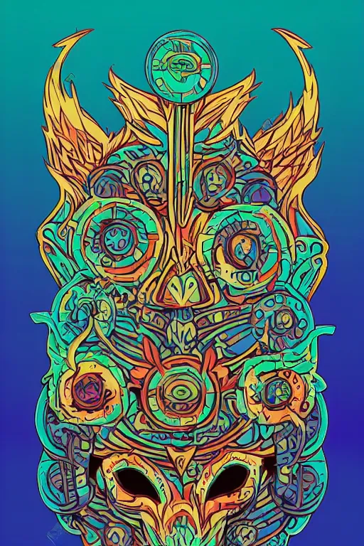 Image similar to animal mask totem roots flower tribal feather gemstone plant wood rock shaman vodoo video game vector cutout illustration vivid multicolor borderlands comics by josan gonzales and dan mumford radiating a glowing aura