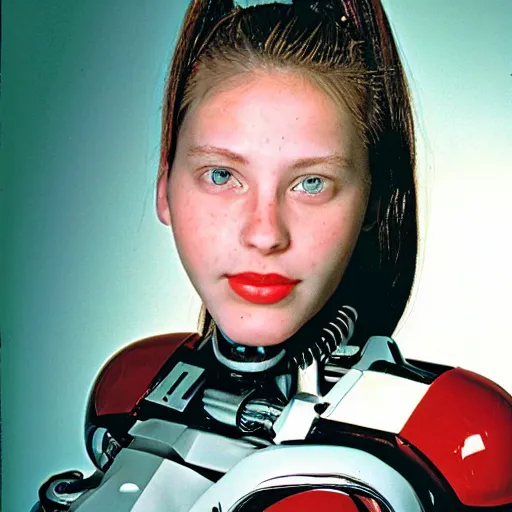 Prompt: portrait photo of a beautiful female cyborg. 1990s. year book