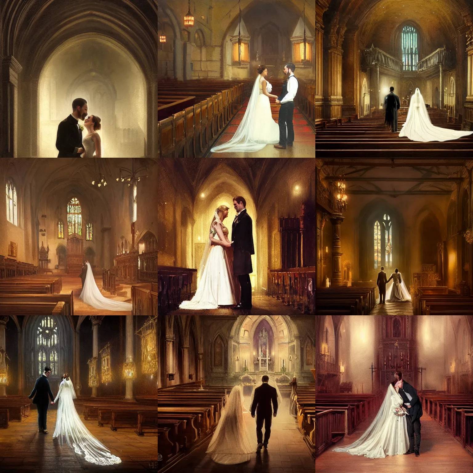 Prompt: 1 9 th century, groom... and bride... in the church. atmospheric, [ [ hyperrealistic ] ], detailed, hd, cinematic lights, close - up, backlit, oil canvas by greg rutkowski, j. dickenson, meszoly geza, marc simonetti, szekely bertalan