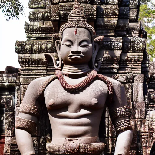 Image similar to angkor thon, asuras yaksha giant, holding a snake, full body, photorealistic, photography hight quality, sharp, stones, award winning photography, canon, thierry rouzier