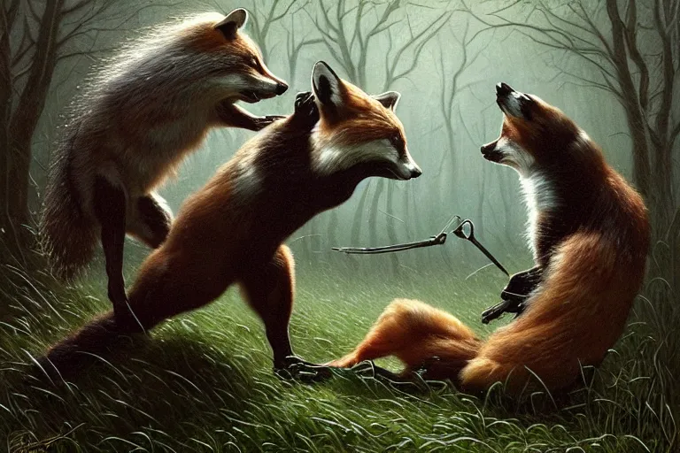 Prompt: photo, badger fights a fox, woodland location, stefan kostic and david cronenberg, realistic, sharp focus, 8 k high definition, intricate, chiaroscuro, elegant, perfect faces, symmetrical face, extremely detailed, hypnotic eyes, realistic, fantasy art, masterpiece zdzislaw beksinski, artgerm