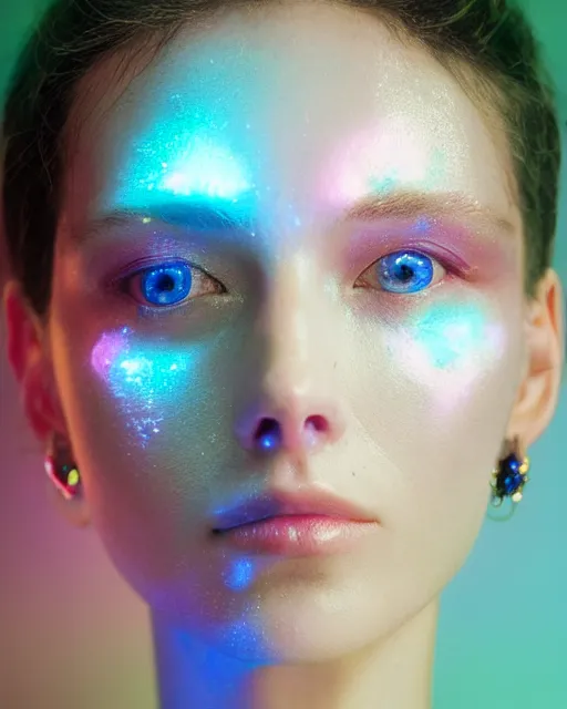 Image similar to natural light, soft focus portrait of an android with soft synthetic pink skin, blue bioluminescent plastics, smooth shiny metal, elaborate electronic jewellery, leds, piercings, face tattoo, skin textures, by annie liebovotz, paul lehr,