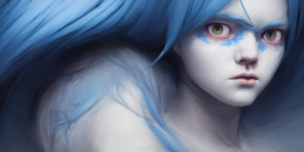 Image similar to portrait of a big eyed blue haired teenage girl looking sad to the camera, powder from the tv series arcane, extremely detailed digital painting, in the style of fenghua zhong and ruan jia and jeremy lipking and peter mohrbacher, mystical colors, rim light, beautiful lighting, 8 k, stunning scene, raytracing, octane, trending on artstation