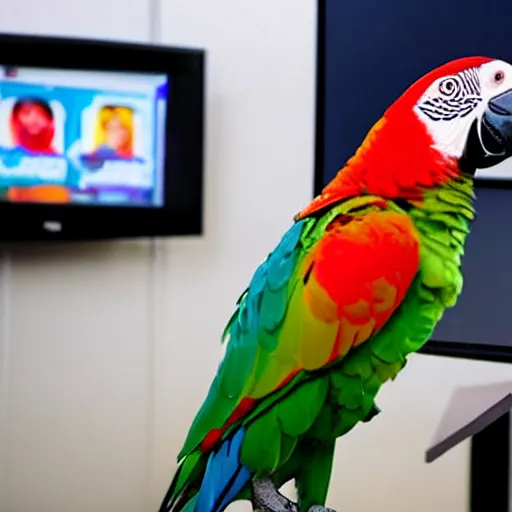 Prompt: a parrot dressed as a reporter reporting the news on tv