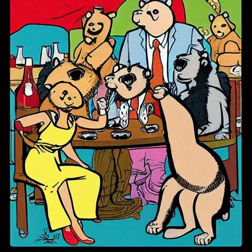 Prompt: a group of friends drinking bear, comic art, highly detailed, colorful