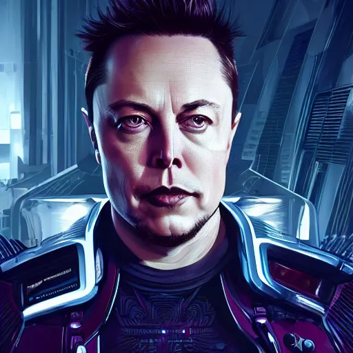 Image similar to ominous, imposing portrait of Elon Musk as a cyberpunk 2077 loading screen, imposing, symmetry, front view, intricate, studio, art by anthony macbain + greg rutkowski + alphonse mucha, concept art, 4k, sharp focus