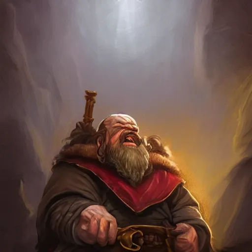 Image similar to portrait of a brutal dwarf hugging the humongous raw, unrefined gold nugget, lump of native gold, realistic, handsome eyes and hands, fantasy art, dnd, lord of the rings, mid - shot, moody lighting, by greg rutkowski, stanley lou, artgerm, trending on artstation, concept art, sharp focus, ray tracing