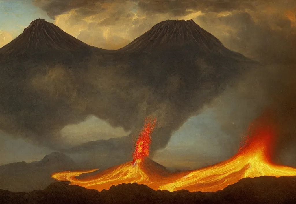 Image similar to a beautiful painting of a volcano oozing lava, pyroclastic clouds forming from the mouth of the volcano with lightning inside, in the background there are other mountains and a thick forest, there's a lake in the foreground with lush vegetation by albert bierstadt, high resolution, excellent contrast, morning