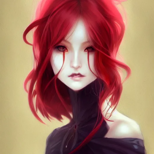 Image similar to facial portrait of a young pretty anime woman, long red hair, dark eyes, gothic eyeliner, character concept art, headshot, Charlie Bowater, Anna Dittmann, WLOP, Rumiko Takahashi, Akihiko Yoshida, Hyung-tae Kim, alexander mcqueen, trending on Artstation