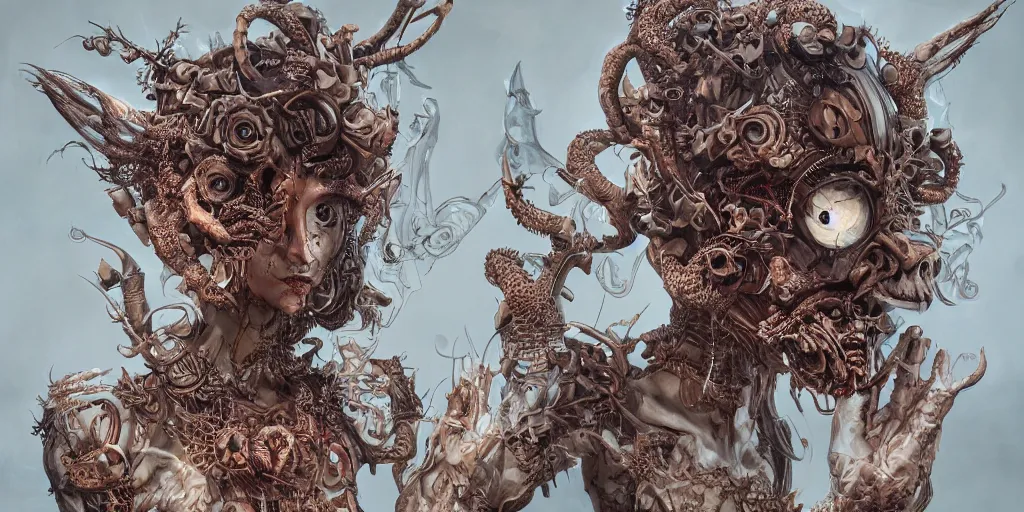 Prompt: hyperrealistic acidpunk photography of a highly detailed and symmetrical gorgeous demon tinkering with a flamebaiting machine in the style of beth cavener, jin kagetsu, james jean and wlop, highly detailed, face symmetry, masterpiece, award - winning, sharp focus, intricate concept art, ambient lighting, 8 k, artstation