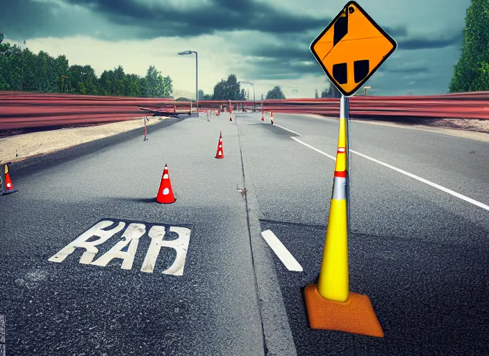 Prompt: a realistic photo of the road safety barrier, road street signs, construction yard, construction equipment 1 9 9 0, photorealistic, reportage