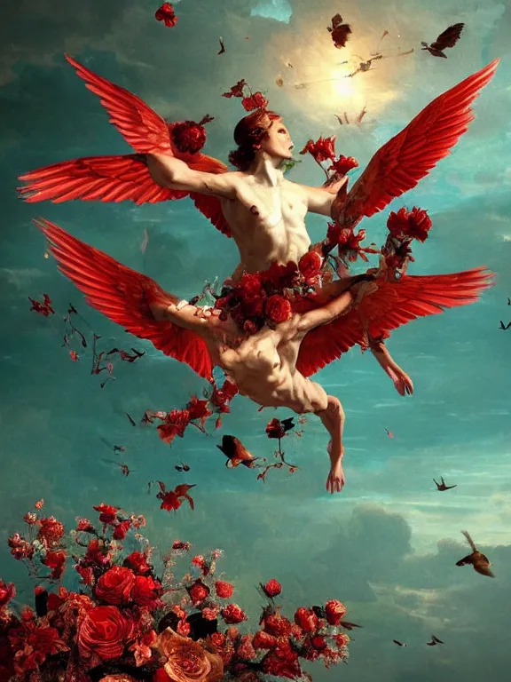 Prompt: a falling Icarus sinking in bubbling red wax, wings, skull, birds, flowers, baroque. intricate. many many birds birds on background. Trending on artstation. painting by caravaggio. halo. octane render, cinematic, hyper realism, octane render, 8k, depth of field, bokeh. iridescent accents. vibrant. teal and gold and red colour scheme