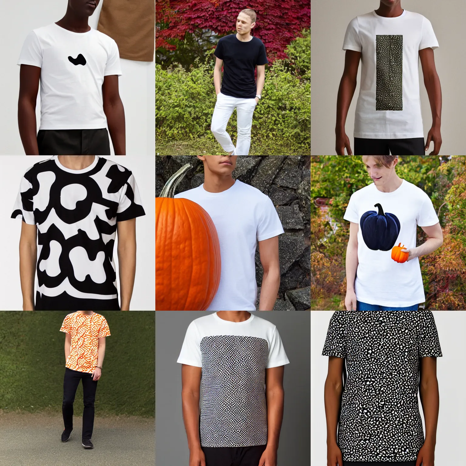 Prompt: a plain white mens t-shirt marimekko pumpkin Chitenge