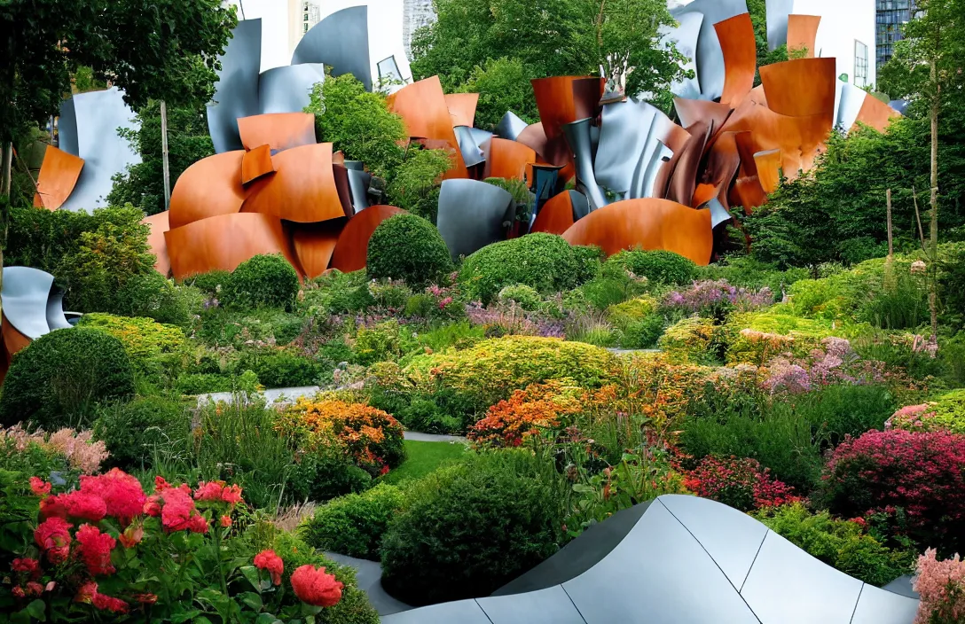 Prompt: garden idyll macabre wonderland rhythmic flow of tones building by frank gehry building by frank gehry