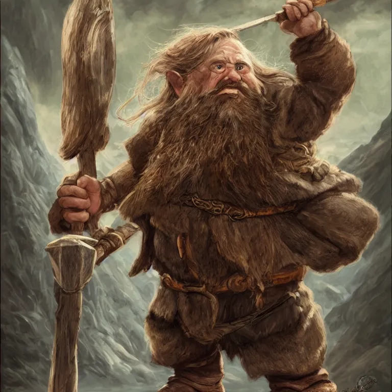 Image similar to dwarf with hammer in mountains, lord of the rings style, fantasy, poster, character portrait, portrait, close up, concept art, intricate details, highly detailed, full body, 8 k, detailed face, body