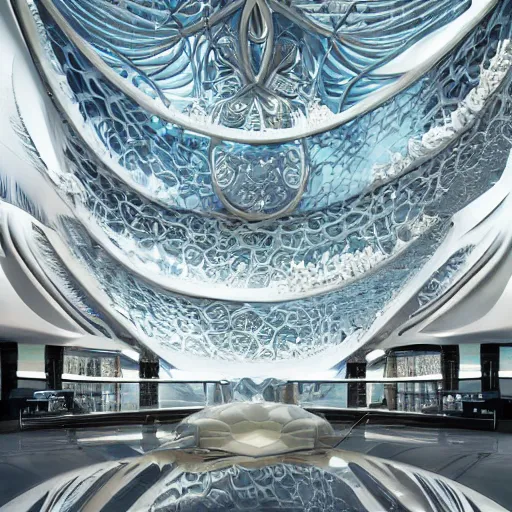 Prompt: extremely detailed ornate stunning beautiful futuristic museum lobby interior for aquatic life theme with large aquariums as the walls by Zaha Hadid