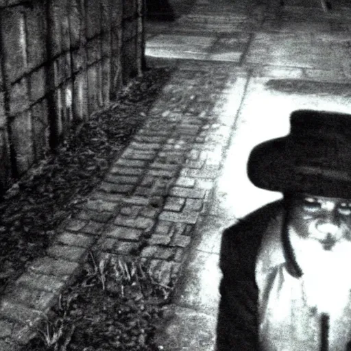 Image similar to cctv security cam grainy black and white footage of baron samedi in a creepy graveyard at night. baron samedi is looking at the camera.