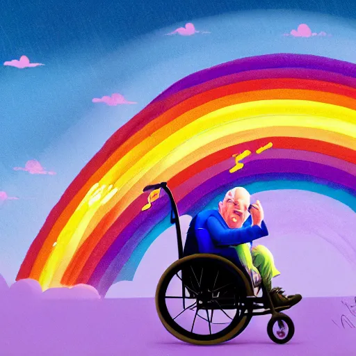 Image similar to crippled old man in a purple wheelchair frowns as his rainbow birthday balloon floats out of his reach into the stormy sky, digital illustration, pixar concept art