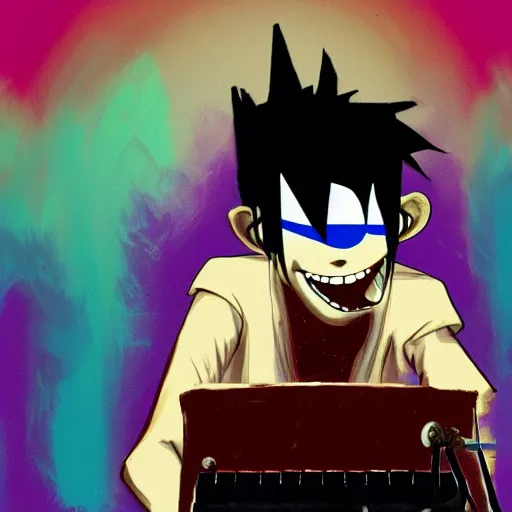 Image similar to 2 d gorillaz playing a keyboard, messy blue hair, portrait, gorillaz style, jamie hewlett, digital art