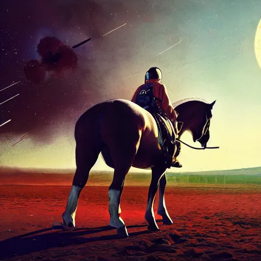 Image similar to a horse on top a man, a horse carried by a astronaut, hyperrealism, no blur, 4 k resolution, ultra detailed, style of ron cobb, adolf hiremy - hirschl, syd mead, ismail inceoglu, rene margitte