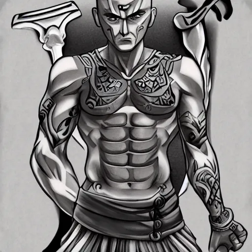 Image similar to muscular bald man, tattooed body, sword in hands, HD, anime style,