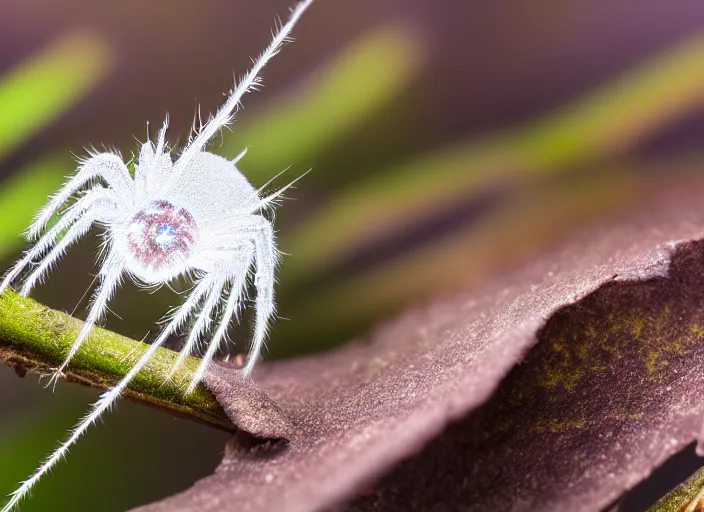 Image similar to super macro of a clear white crystal spider on a flower, in the forest. Fantasy magic style. Highly detailed 8k. Intricate. Nikon d850 300mm. Award winning photography.