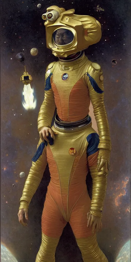 Image similar to a portrait of a gollum astronaut, wearing a chinese dragon spacesuit armor and helmet, in majestic, solemn, in space, by bouguereau