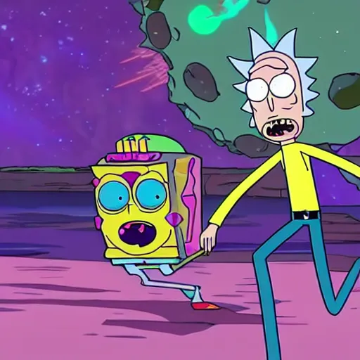 Prompt: rick and morty battle spongebob squarepants in space, galaxy, hd, explosions, gunfire, lasers, spatula, giant, epic, showdown, colorful