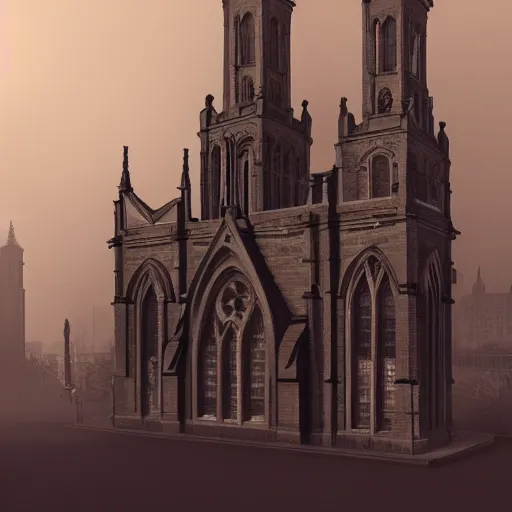 Image similar to victorian church in the middle of the city, dark, misty, at night, 8 k, detailed, concept art, trending on artstation