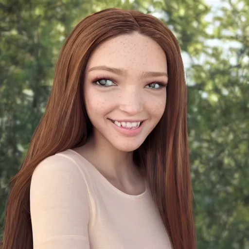 Prompt: Photograph of April, a cute 3D young woman, long shiny bronze brown hair, full round face, green eyes, medium skin tone, light cute freckles, light blush, smiling softly, wearing casual clothing, interior lighting, cozy living room background, medium shot, mid-shot, hyperdetailed, hyperreal, trending on Artstation, Unreal Engine 4k