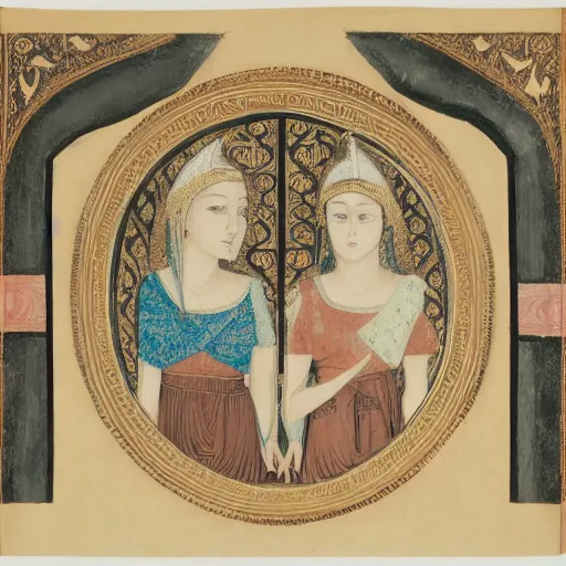 Prompt: a scene of two identical beautiful female priestesses face to face, full of detail