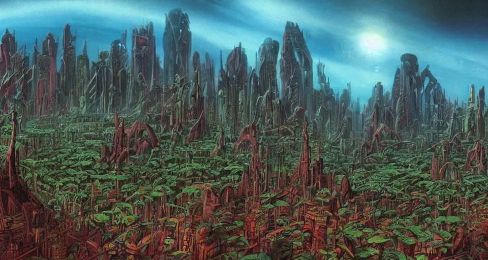 Image similar to a primordial, prehistoric jungle with a retro-sci-fi city in the distance, wide-angle shot, angled view, fisheye lens, two point perspective, animation background painting from Thundercats (1985), Masters of the Universe (1983), in the style of Jim Burns, Craig Mullins, clean scan, artstation trending, digital painting, many small details, 8k