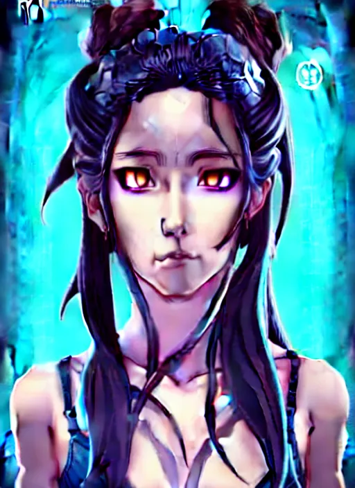 Image similar to a portrait of dilraba dilmurat as revy from black lagoon, smirk, black tank top, jean shorts, symmetrical eyes, symmetrical face, art by lois van baarle and loish and ross tran and rossdraws and sam yang and samdoesarts and artgerm, digital art, intricate, sharp focus, unreal engine 5