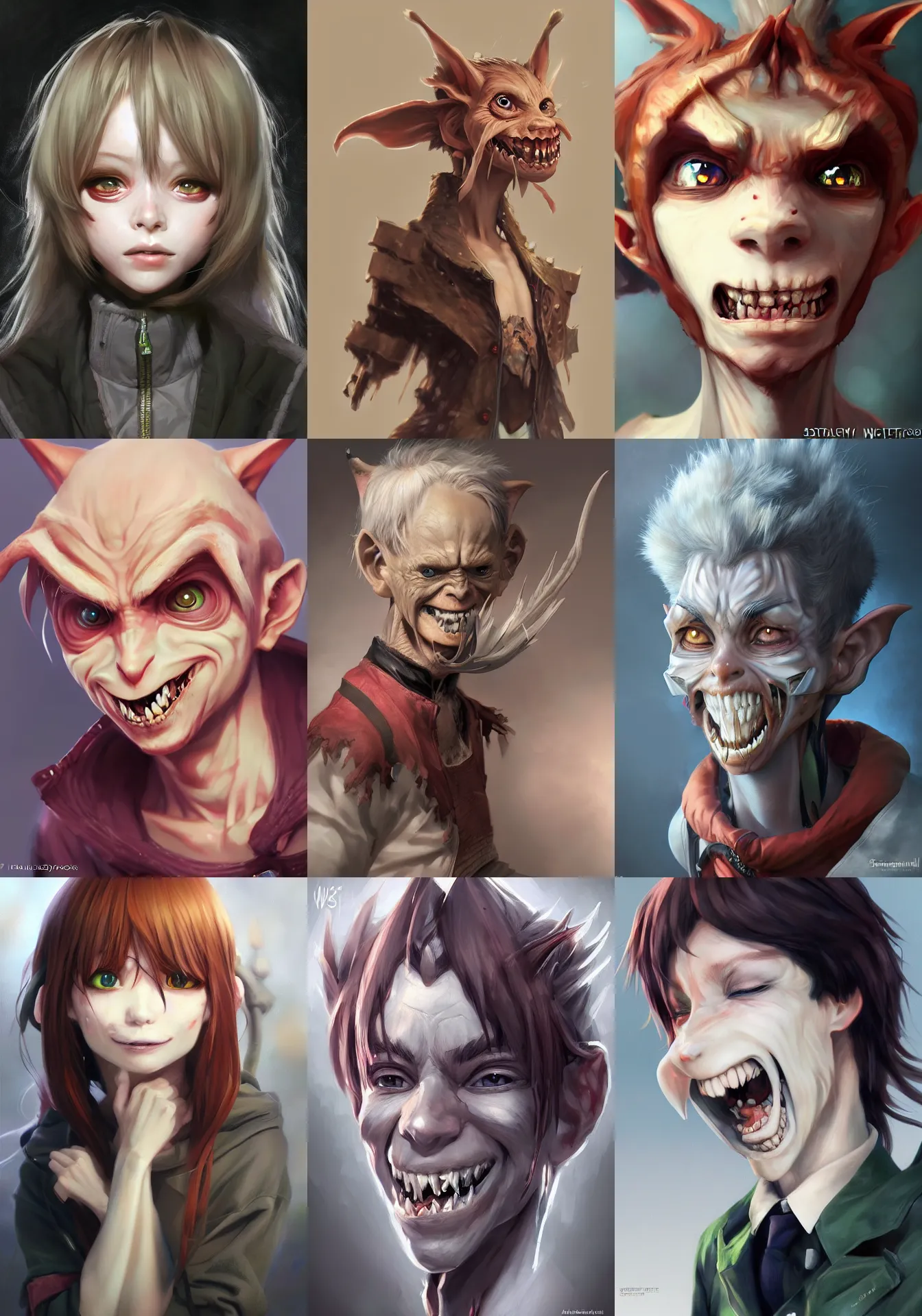 Prompt: A realistic anime portrait of a goblin wearing clothes made of teeth, digital painting, by Stanley Artgerm Lau, Sakimichan, WLOP and Rossdraws, digtial painting, trending on ArtStation, deviantart