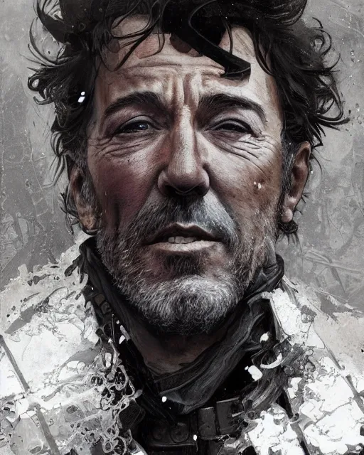 Image similar to A full portrait of Bruce Springsteen as a handsome post apocalyptic nordic explorer, intricate, elegant, highly detailed, digital painting, artstation, concept art, smooth, sharp focus, illustration, art by Krenz Cushart and Artem Demura and alphonse mucha