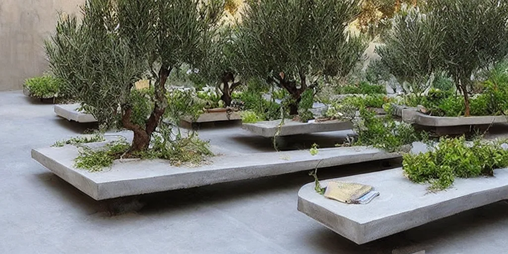 Image similar to creative concrete benches, colorful, olive trees, decking