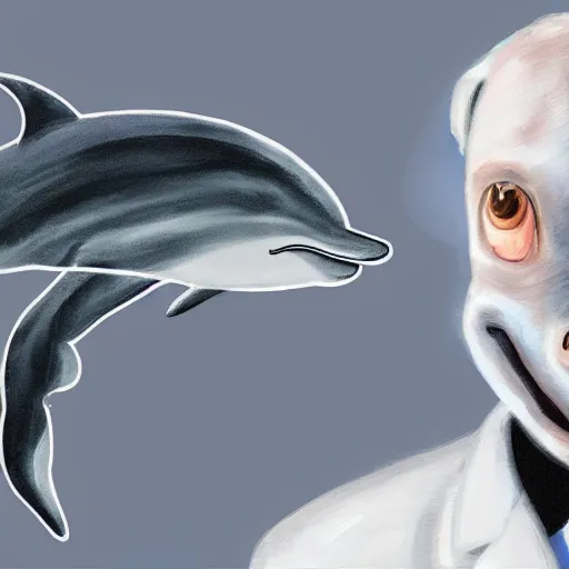 Image similar to An anthropomorphic grey dolphin wearing a white lab-coat, digital painting, close-up