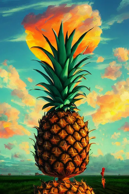 Image similar to closeup, giant pineapple head, girl in djungle, surreal photography, golden hour, colorful clouds, impressionist painting, digital painting, artstation, simon stalenhag