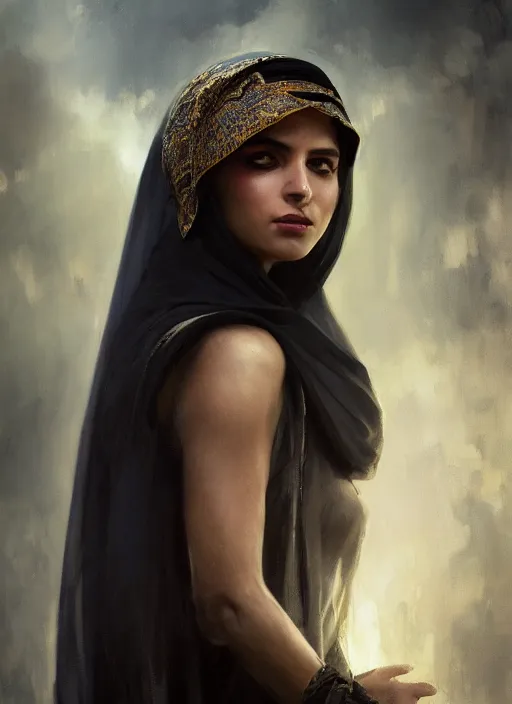 Image similar to a Photorealistic dramatic hyperrealistic render of an arab ameera al taweel, blue eyes, black hair, white veil,by WLOP,Artgerm,Greg Rutkowski,Alphonse Mucha, Beautiful dynamic dramatic dark moody lighting,shadows,cinematic atmosphere,Artstation,concept design art,Octane render,8K