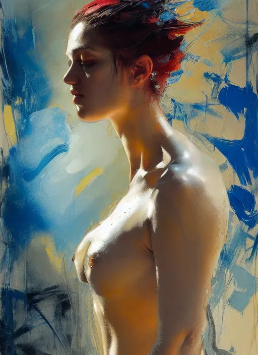 Prompt: photo of a gorgeous young woman in the style of Guy Denning, draped in flowing fabric, colorful impasto brush strokes, realistic, sharp focus, 8k high definition, insanely detailed, intricate, elegant, art by Donato Giancola and Jeremy Mann