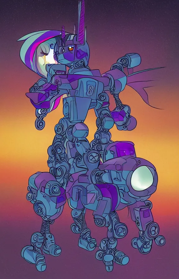 Prompt: Artwork by moebius and oscar chichoni, Robotic twilight sparkle