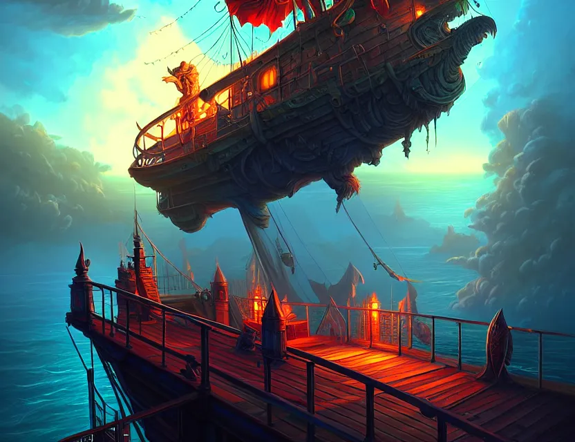 Prompt: standing upon the deck of the flying ship, d & d fantasy art, artstation contest winner, beautiful digital painting in the style of dan mumford, art by kev chan, volumetric lighting, concept art, speedpainting, fantasypunk, deep colors, cgsociety, by gerald brom