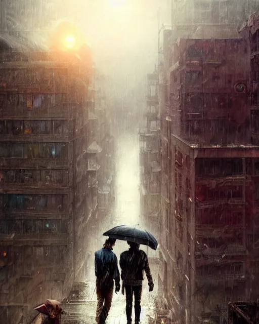 Image similar to epic portrait cinematic shot two survivors standing on a rooftop, apocalyptic city backround, cloudy, stormy, rainy, wet, fine details. night setting. realistic shaded lighting poster by craig mullism, artgerm, jeremy lipkin and michael garmash, unreal engine, radiant light, detailed and intricate environment, digital art, trending on art station,